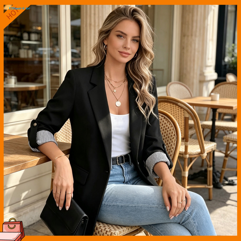 Business Blazer Lightweight Suit Jacket Women’s Lapel Collar 3/4 Sleeve Open Front Office Work Short with Button for S