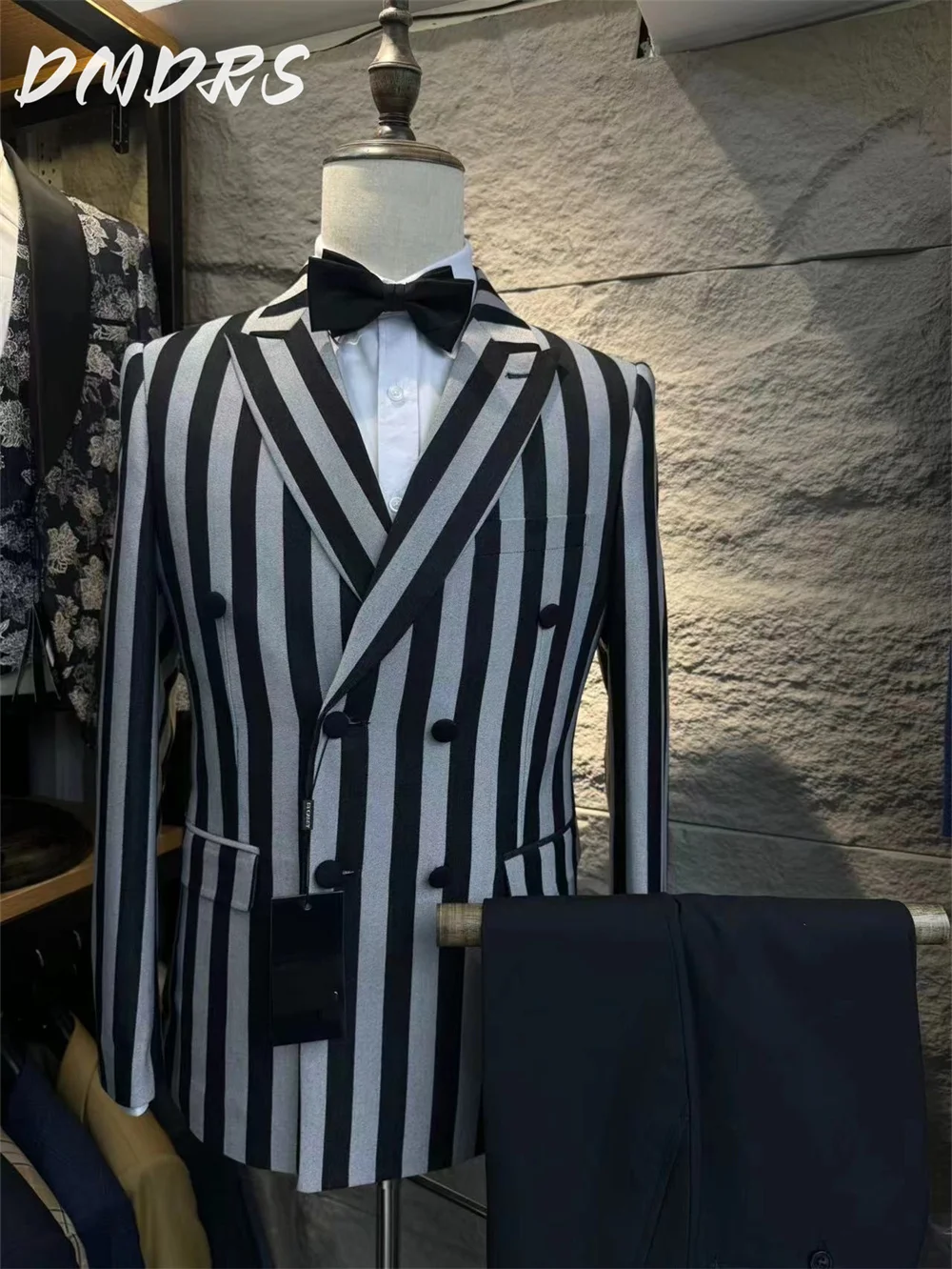 Handsome striped Men's Suit set For Wedding Dress Elegant Single Breasted Jacket Pants For Business Men Groomsmen vestidos