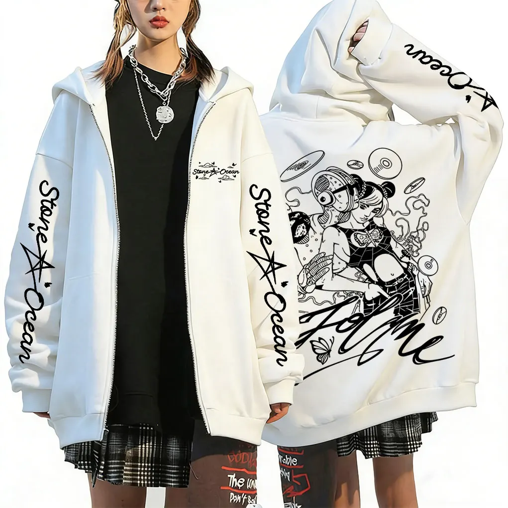 Anime Jojo Bizarre Adventure Jolyne Cujoh Merch Zipper Hoodie Men Women Cartoon Manga Zip Up Jacket Cosplay Oversized Streetwear