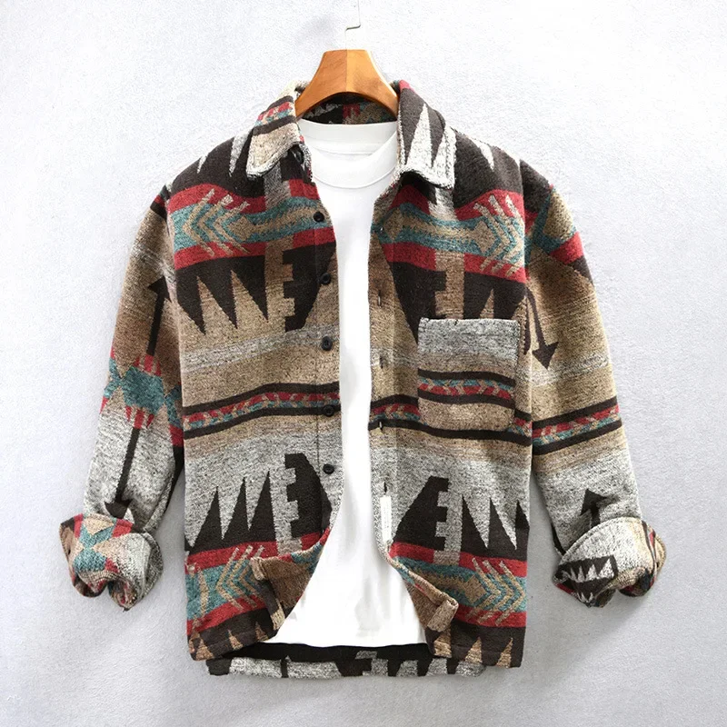 Men Jackets Shirts Coats Turn Down Collar Full Sleeve Single Breasted Print Coat Open Stitch Casual Splice Jacket Autumn Winter