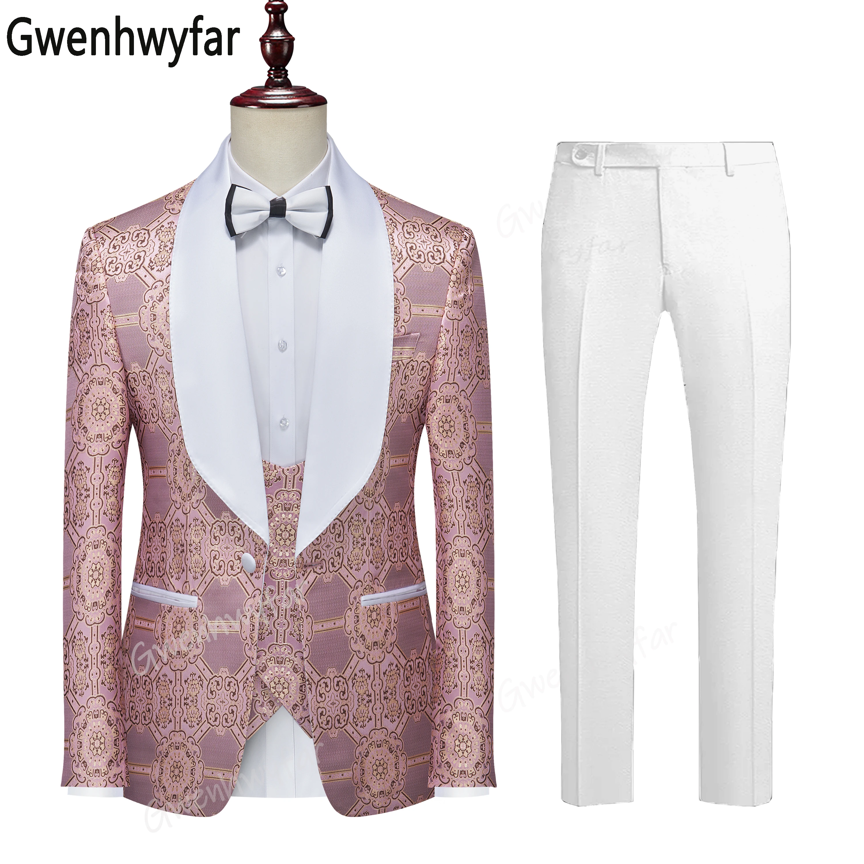 Gwenhwyfar Men's 3 Piece Light Pink Jacquard Suits Elegant Wedding Dress Blazers Set Luxury Full Coat Pants Design With Business