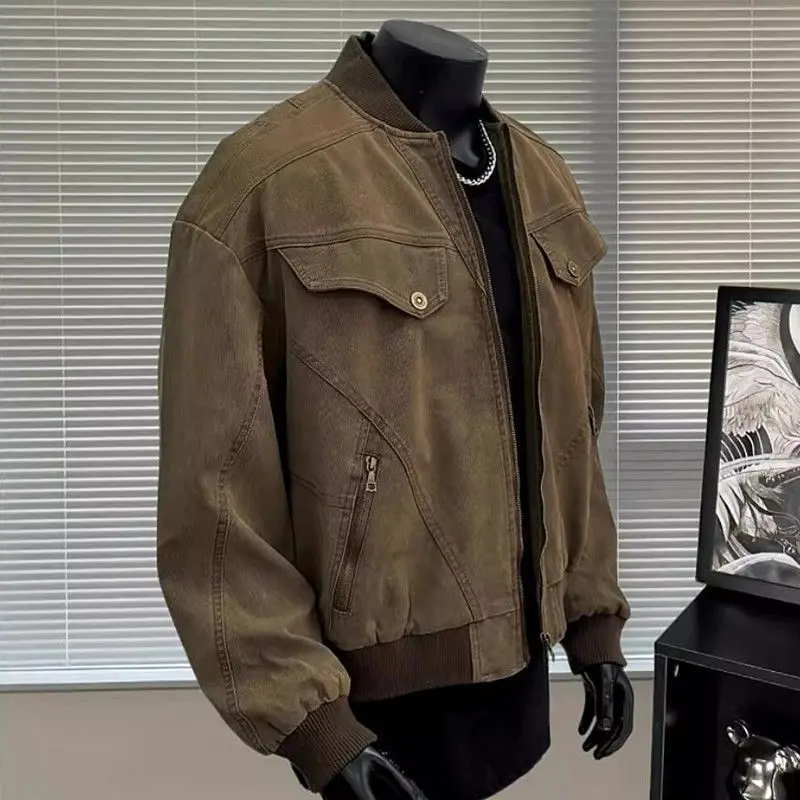 Men's Jacket 2026 Spring Autumn Retro Coffee Color Jacket Vintage Harrington Cargo Faux Leather Coat Premium Streetwear Top