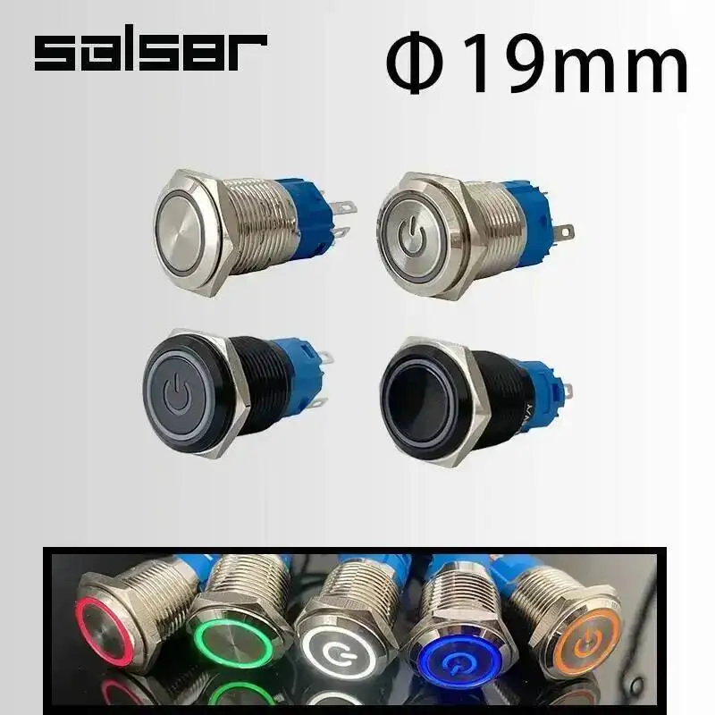 19mm Waterproof LED Light Anodize Black Momentary Latching Car Engine PC Power 3-380V DIY Metal Push Button Switch