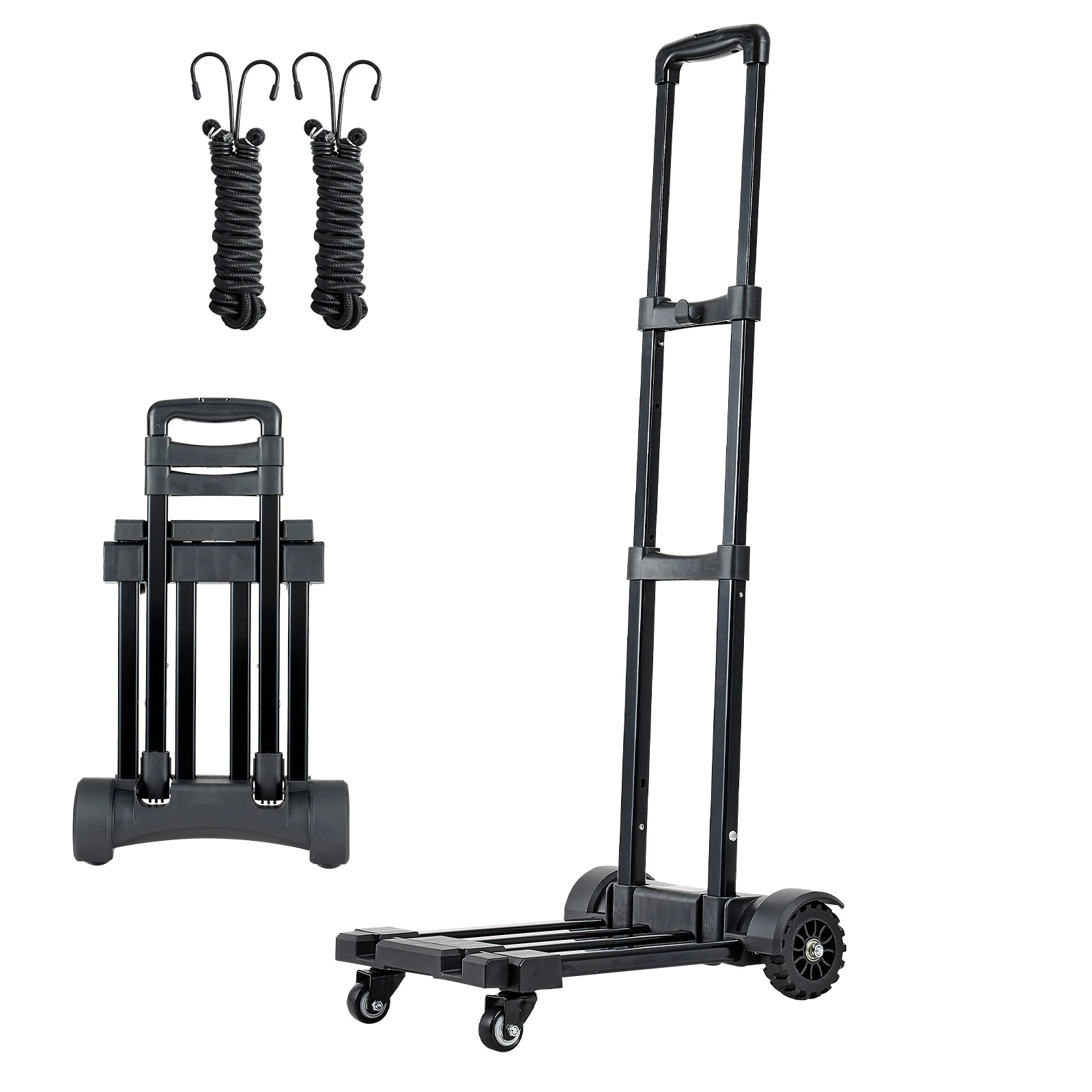 SucceBuy Folding Hand Truck 290 lbs Load Capacity Collapsible Luggage Cart with 4 Wheels 2 Elastic Ropes & Expandable Base Black