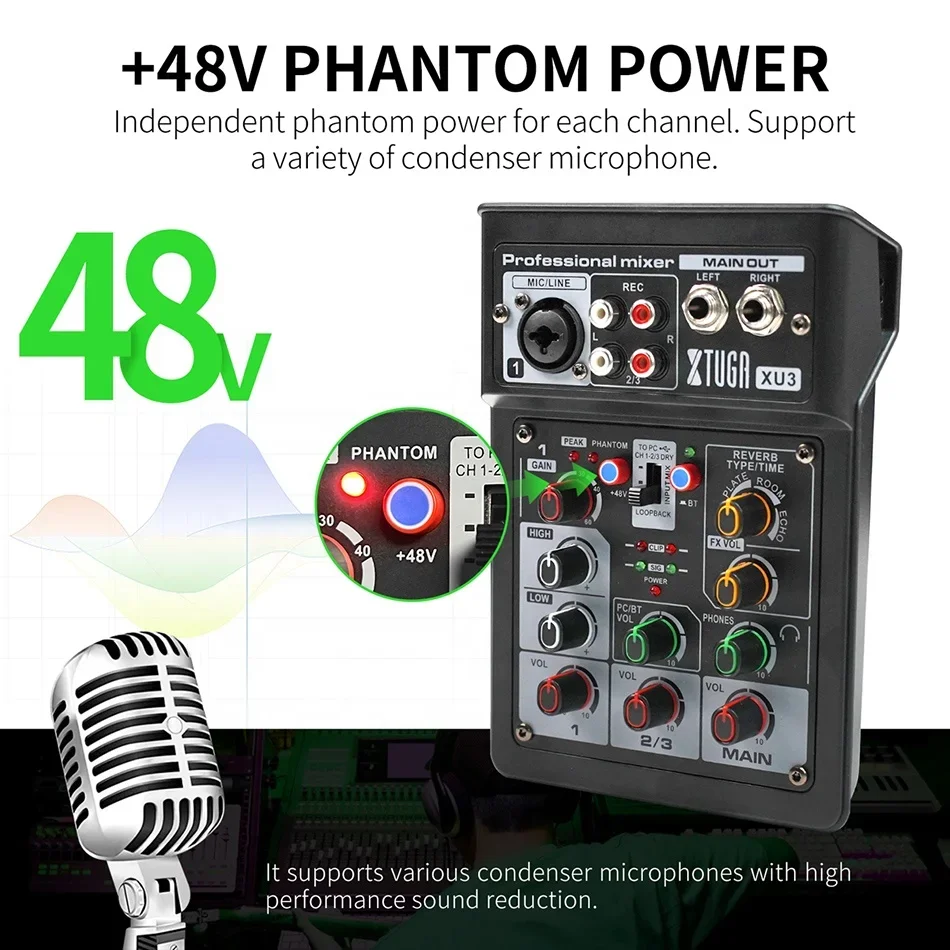 Ten items TLF Xtuga  XU3 Professional Portable 3 Channel DJ Console 48V Microphone Mini o Mixer Record o Instrument