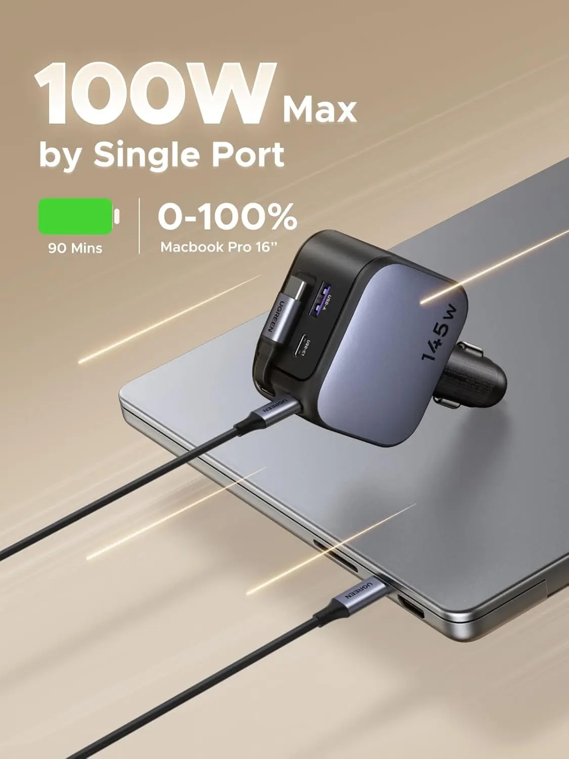 UGREEN 145W 3C1A Retractable Car Charger, USB C Car Phone Charger Fast Charging with Type C Cable
