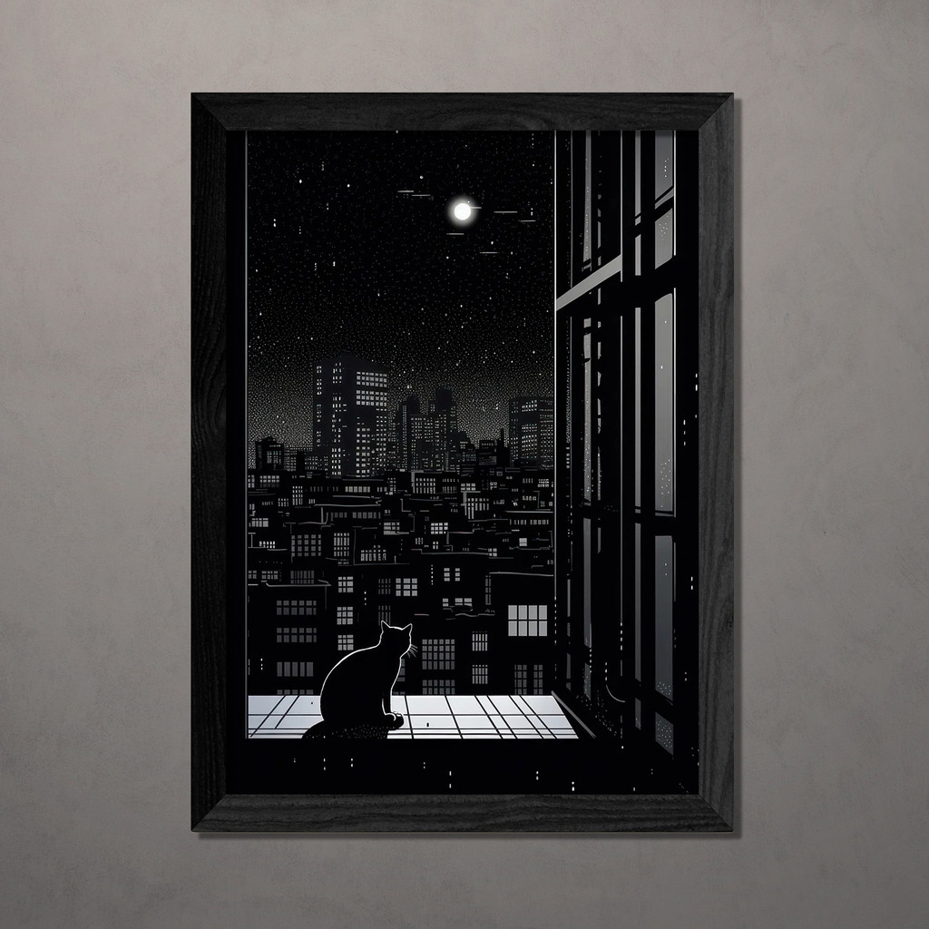Quadro Decorativo Cat Night Moon Gato A4 Com Vidro