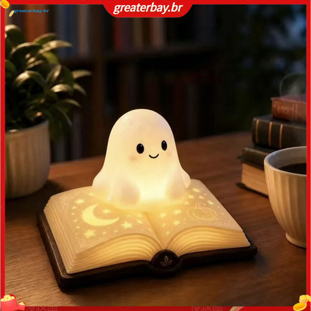Magic Book Ghost Night Light Resin Moon Star Table Lamp Warm Glow Bedside Sleep for Kids Cute Halloween Gift Cozy Bedroo
