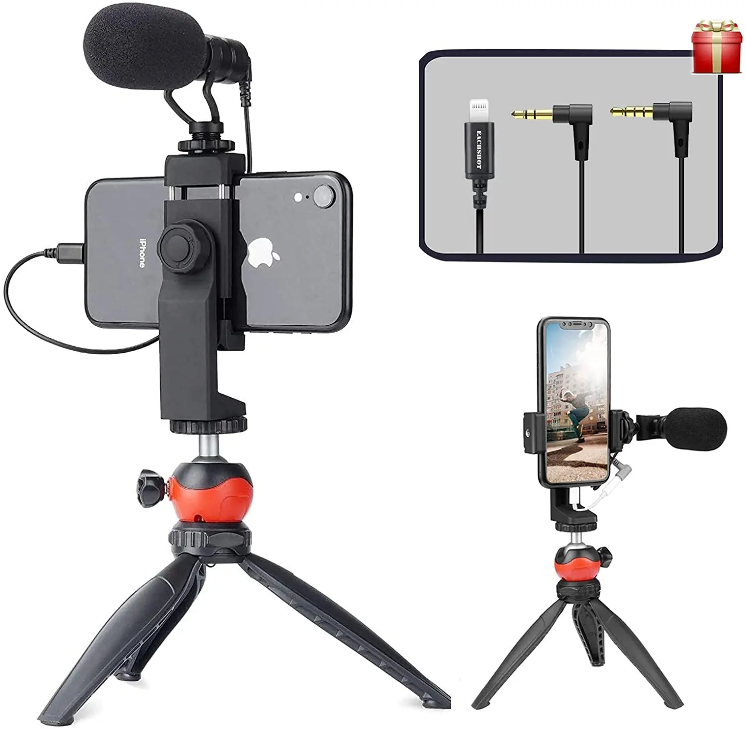 EACHSHOT Microphone Vlogger Kit Led Video Light Mini Tripod shotgun Microphone Phone Clip for Iphone 12 Smartphone