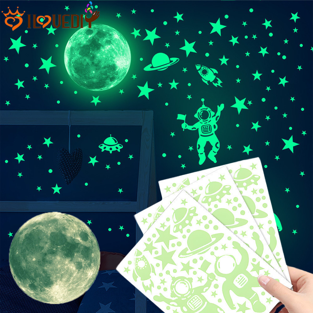 [Featured] Adesivo Star Moon Wall Sticker-Papel De Parede Para Decoração De Quartos Crianças-Planeta Astronauta Luminoso-Decalques Noturnos Starry Sky-Mural De Grafite DIY-Casa