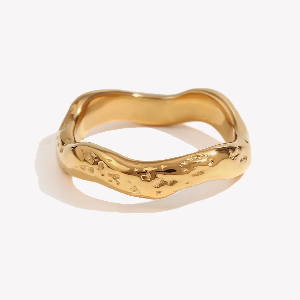E.B.belle Beat Pattern Wave Plain Ring Waterproof Tarnish Free 18K Gold Plated Women's Rings 316L Stainless Steel Accessories