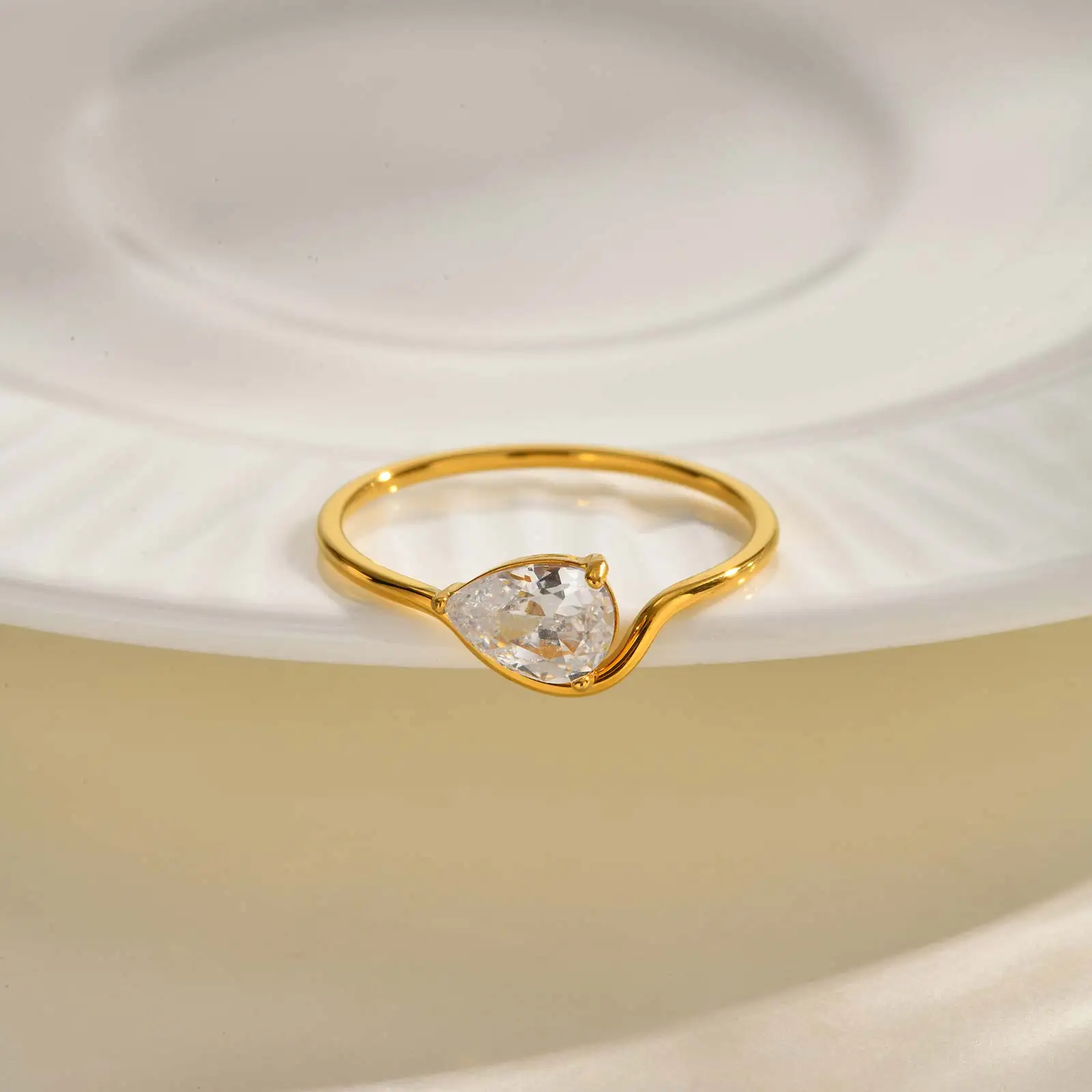 Minimalist Water Drop White Zircon Women Ring, Wave Drop Stainless Steel Ring, 18K Gold Plated Waterproof Luxury Jewelry