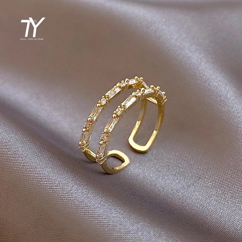 New Classic Zircon Gold Color Double Layer Open Rings For Womens South Korea Fashion Jewelry Gothic Party Girls' Luxury Ring Set