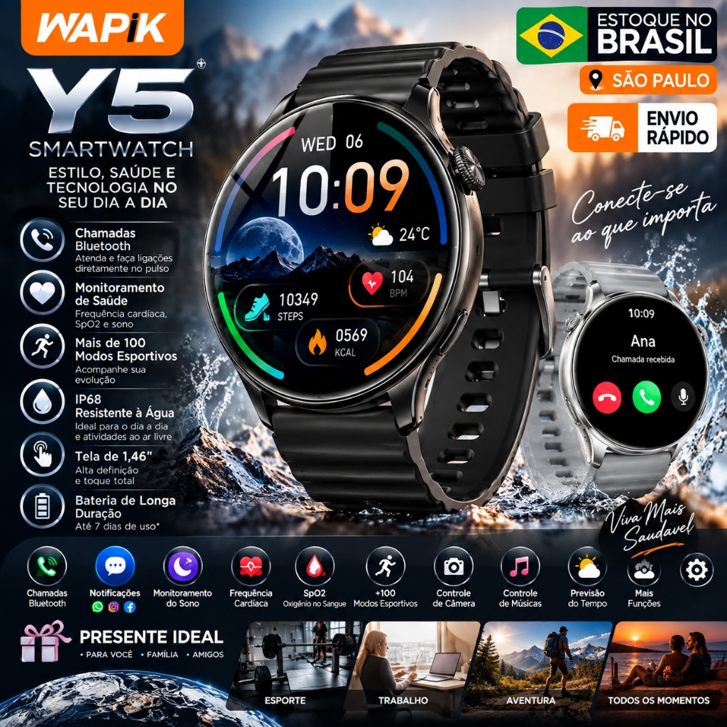 relógio smartwatch Wapik Y5 Relógio Inteligente com Chamadas Bluetooth, Monitor Cardíaco, SpO2 e Sono