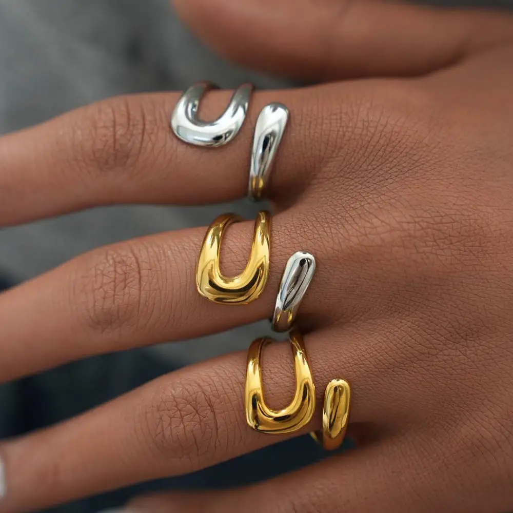 Stainless Steel U-Shaped Rings for Women Men Vintage Waterproof Water Droplet Opening Rings Minimalist Statement Charm Jewelry