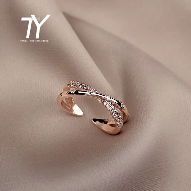 Simple Light Luxury Zircon Open Rings Fashion Design Korean Female Jewelry Rose Gold Color Adjustable Rings For Women‘s Gift