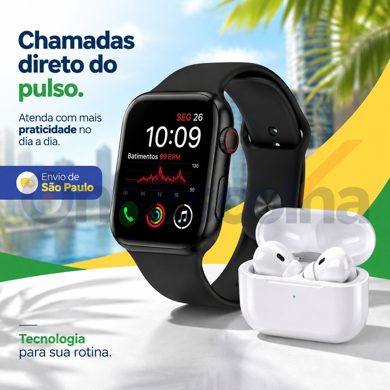 [OneEscolha] Opções: Smartwatch + Conjunto de Fones de Ouvido, Design Refinado, Tela Tátil HD, Chamadas Bluetooth