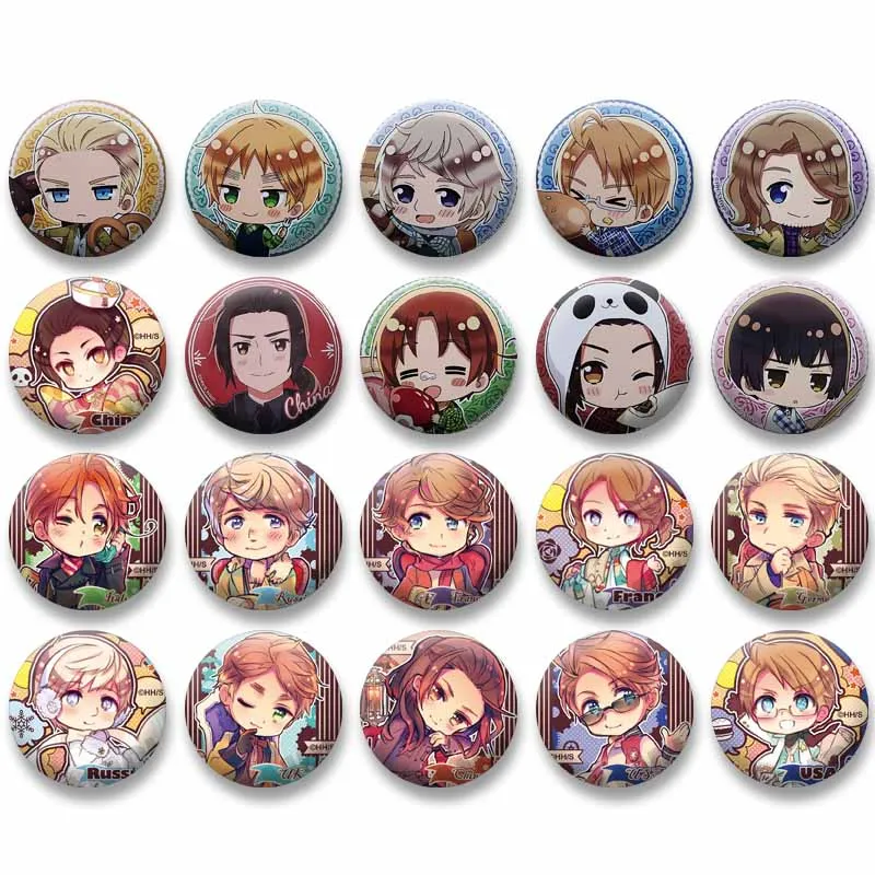 Anime Hetalia Axis Powers Round Brooches on Bag Jacket Hat Accessories Custom Cartoon Coin Badge Jewelry Pins Toys Gift for Kids