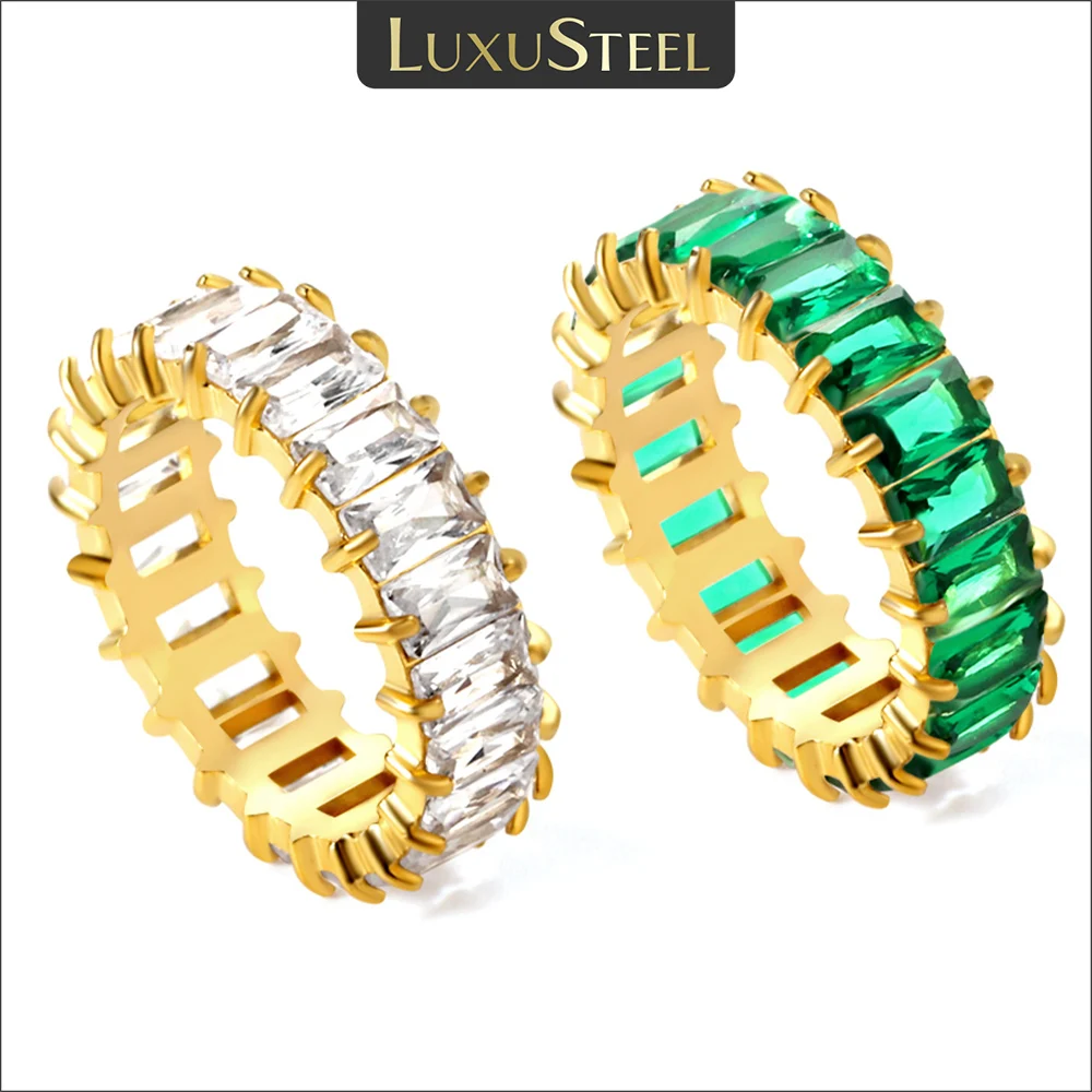 LUXUSTEEL Fashion Cubic Zirconia Gold Plated Stainless Steel Ring For Women White Green Color Crystal Waterproof  Finger jewelry