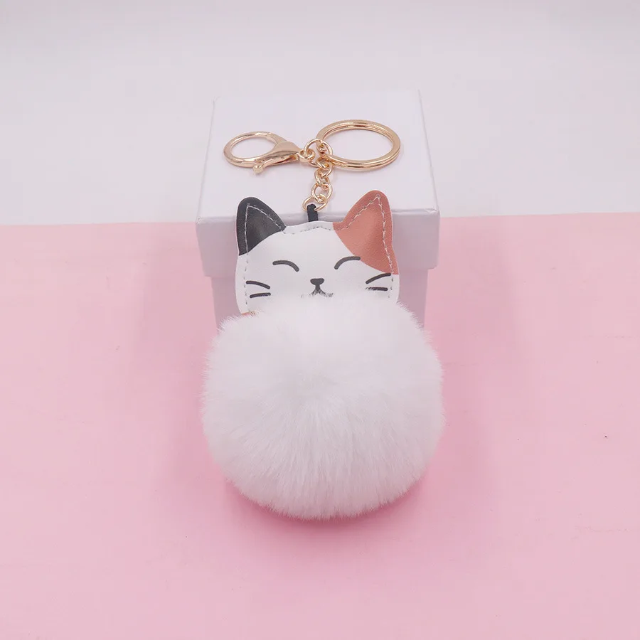 Cute Mini Leather Animal Cat Keychain New Fashion Soft Faux Rabbit Fur Fluffy Hairball Key Chain Women Bag Jewelry Accessories