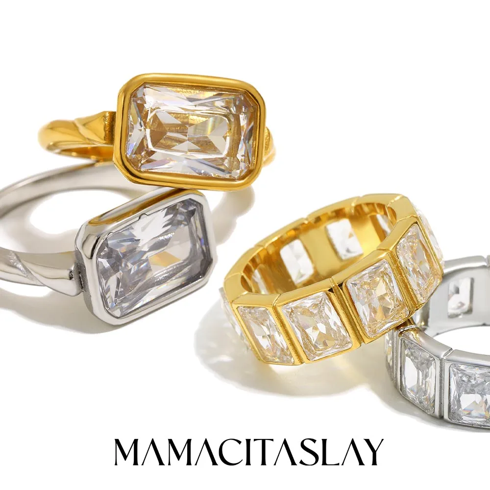 MamacitaSlay 316L Stainless Steel Square Zircon Ring 18K Gold Plated Waterproof Jewelry Women's Luxury Ring High Quality Gifts