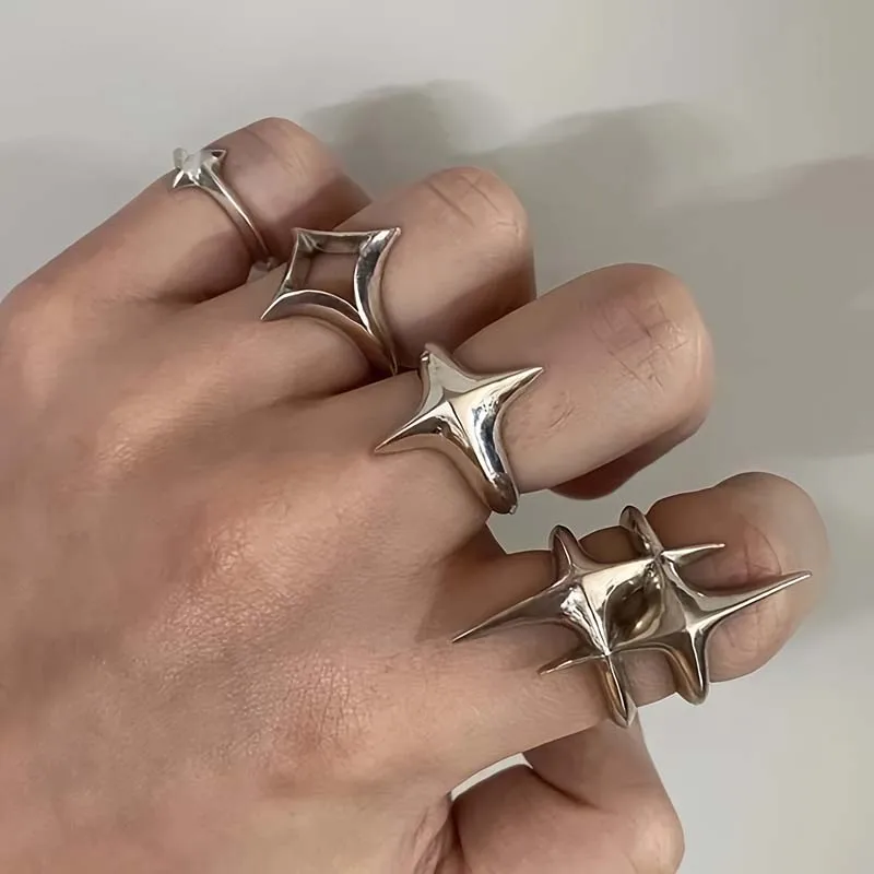 4Pcs/Set Punk Hip Hop Silver Color Cross Star Ring Set for Women Exaggerated Large our Star Ring Finger Rings Y2K Jewelry Gift