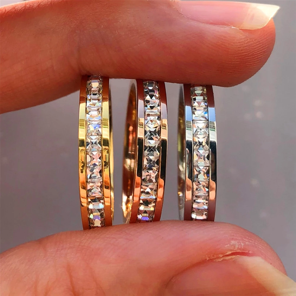 6/7/8/9/10# Titanium Steel Small Square Zircon Plated Silver Rose Gold Men Women Ring Waterproof Finger Jewelry Drop Shipping