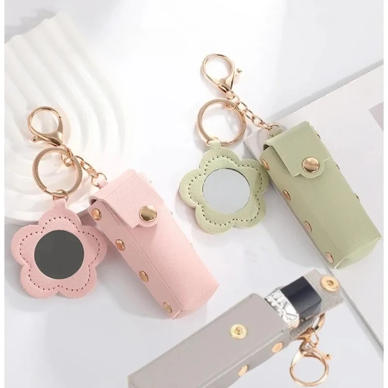 PU Leather Lipstick Protective Case Keychain Portable Makeup Bag Keychain Pendant with Mini Flower Mirror Keychain Women's Gift