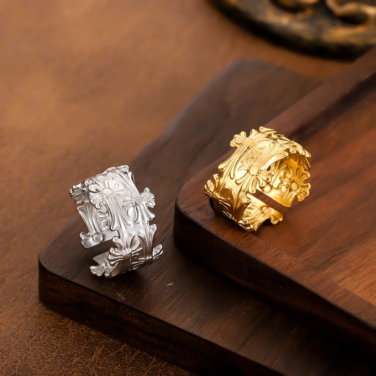 Light luxury cross gold-plated stainless steel ring, waterproof and non-fading heavy metal, with adjustable finger ring