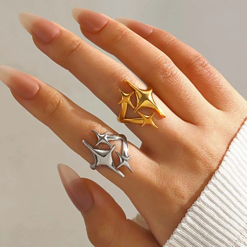 Stainless Steel Meetal Star Cross Open Rings For Women Men Vintage Gold Color Five Pointed Star Adjustable Rings Jewelry Gift