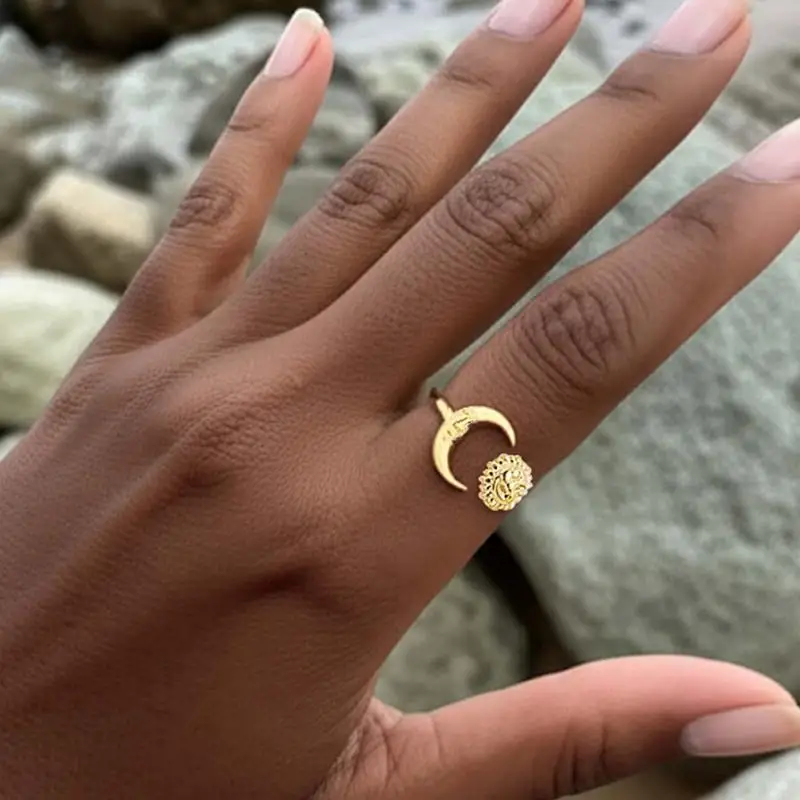 Stainless Steel Sun Moon Rings for Women Gold Color Geometric Adjustable Opening Finger Ring Fashion Wedding Party Jewelry Gift