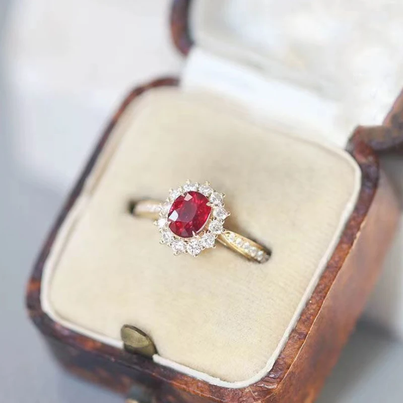 New silver inlaid crystal flower ruby rings for women exquisite opening adjustable design light luxury creative wedding jewelry
