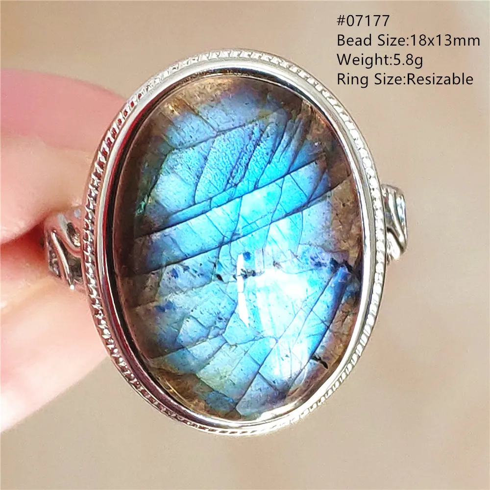Natural Blue Light Labradorite Adjustable Ring Big Size Colorful Labradorite Resizable Flash Beads Jewelry AAAAAA
