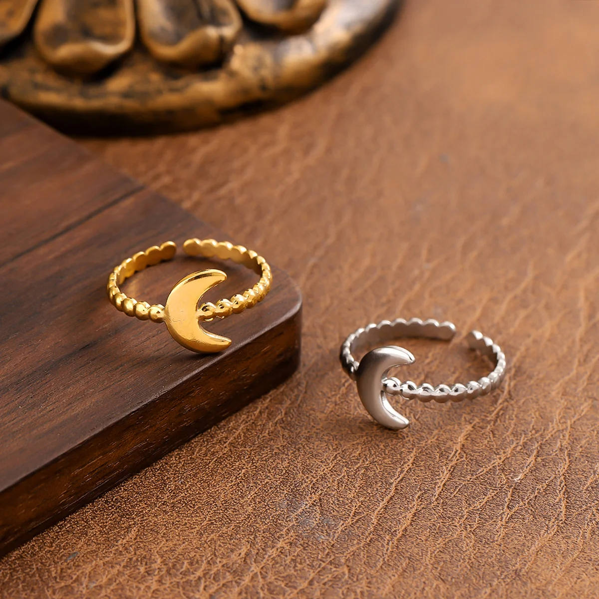 Light luxury moon gold-plated stainless steel ring, waterproof and non-fading heavy metal, with adjustable finger ring