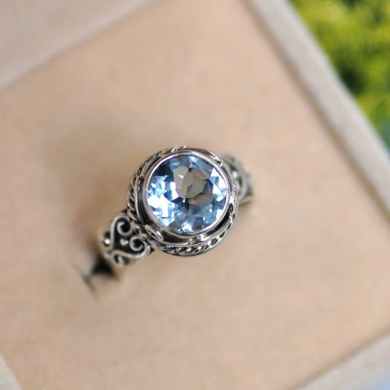 New in Vintage charm patterned light blue gemstone rings for women circular fresh fine Neutral Style jewelry adjustable