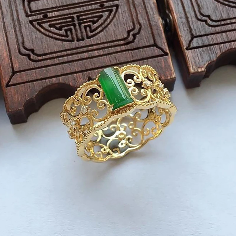 Natural Hetian jasper geometric opening adjustable ring Chinese retro pattern high-end light luxury charm women's silver jewelry
