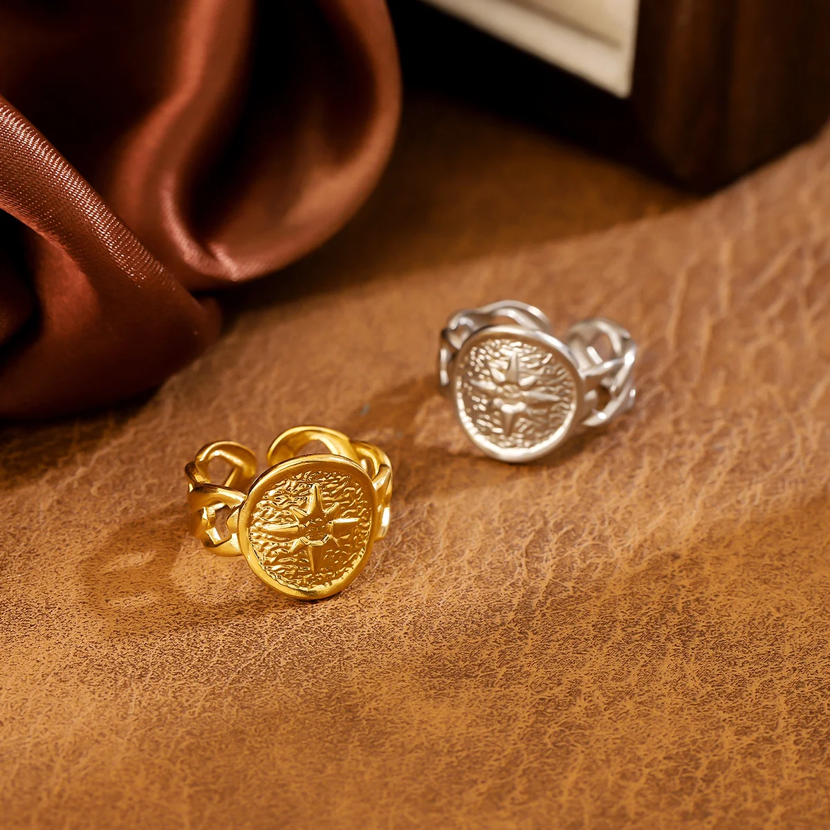 Light luxury sunlight gold-plated stainless steel ring, waterproof and non-fading heavy metal, with adjustable finger ring