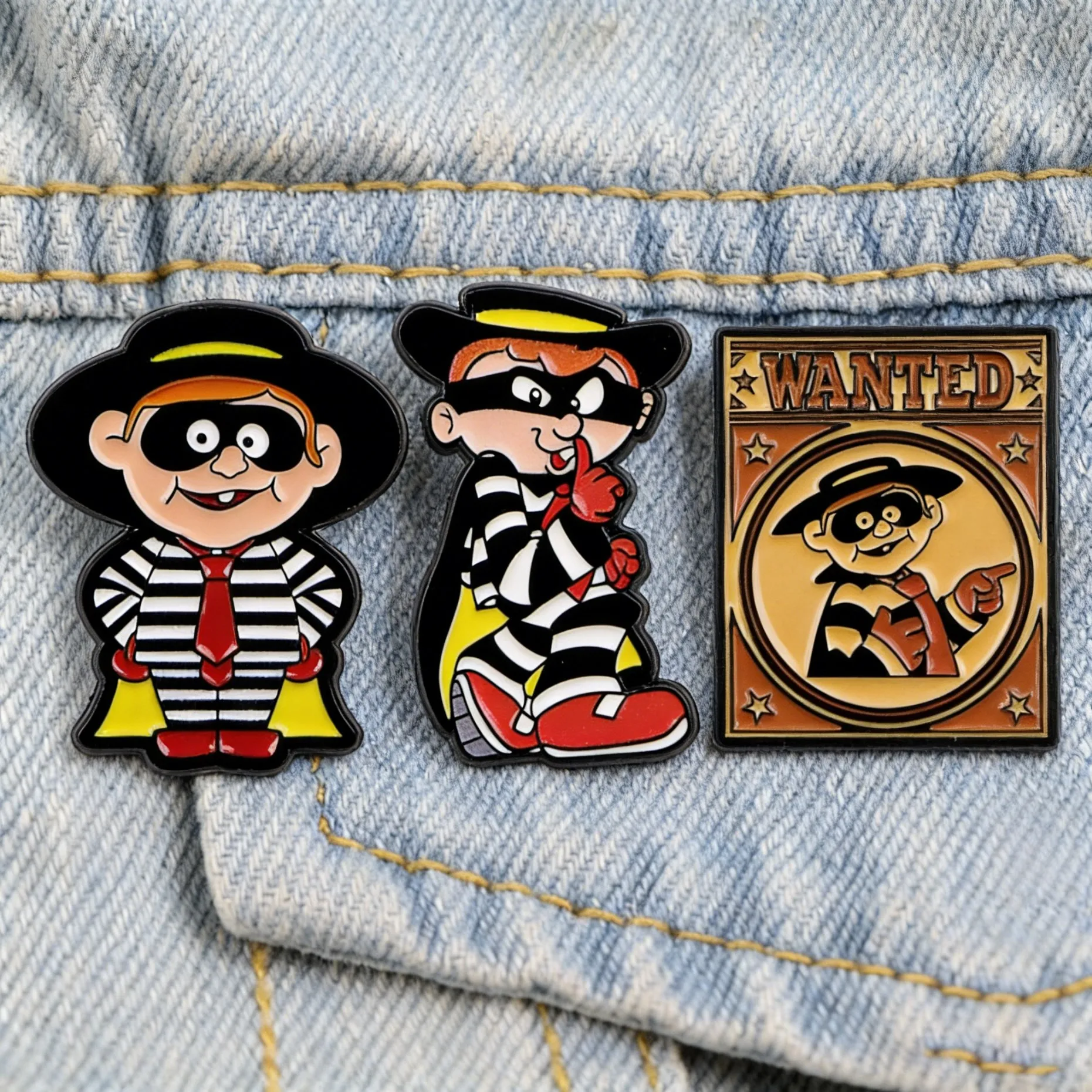Retro Cartoon Enamel Pins Funny Thief Character Brooches "WANTED" Badges for Backpacks Jackets Hats Fast Food Collectible Gifts