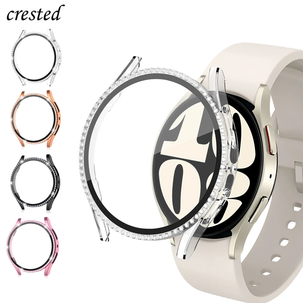 Glass+Case for samsung Galaxy watch 6 5 4 accessoires Bling Diamond PC bumper+Screen protector watch6 watch4 5 44mm 40mm Cover