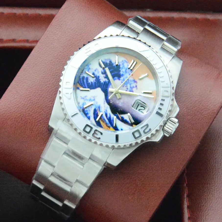 40MM Kanagawa Surfing No LOGO Dial Ceramic Ring Yacht Men's Automatic Mechanical Watch Stainless Steel Strap
