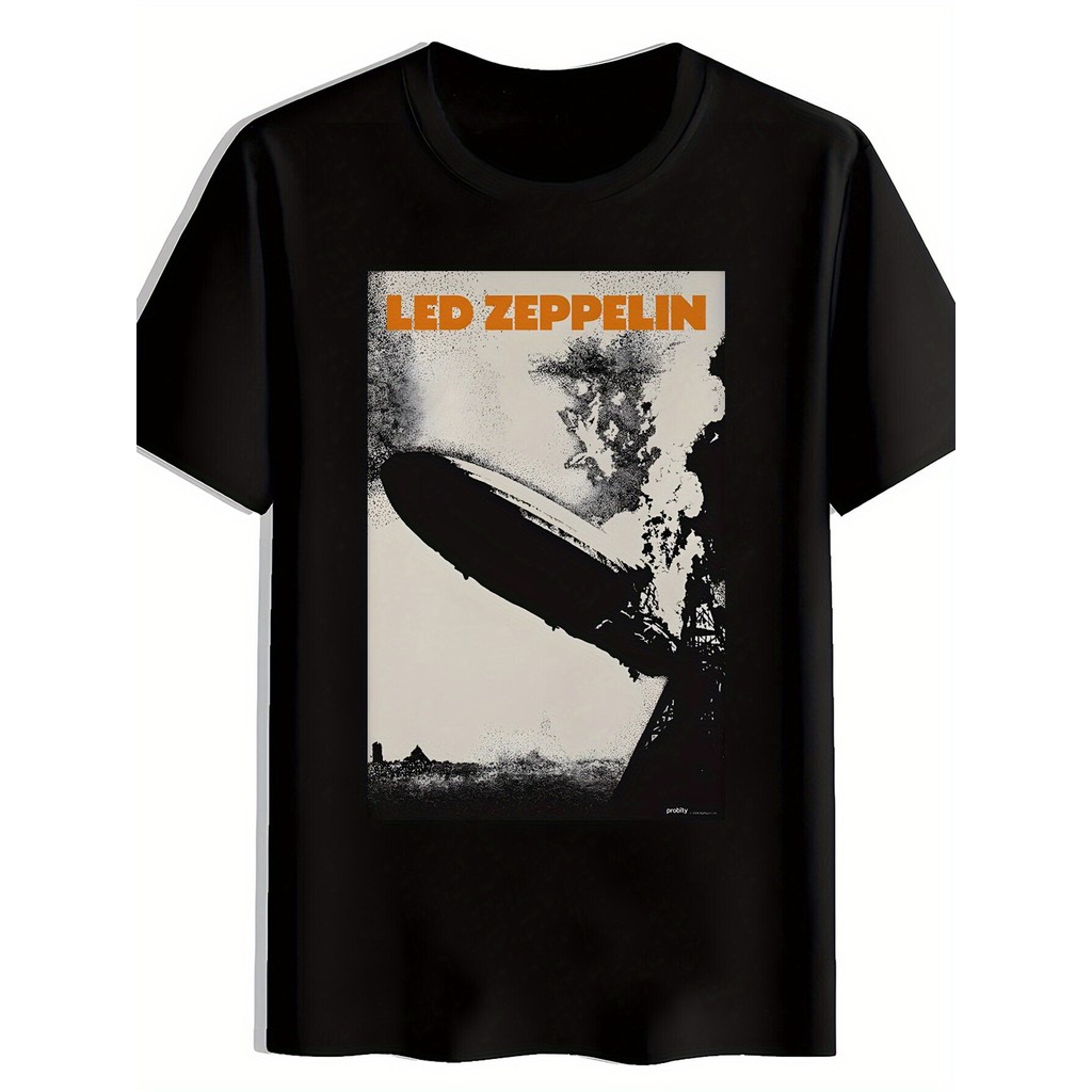 Camiseta Masculina Casual De Algodão Puro Com Modelagem Folgada E Estampa Do Pôster Clássico Do Led Zeppelin