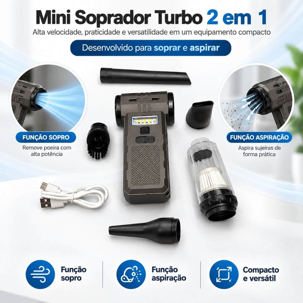 Mini Soprador Aspirador Turbo Portátil Sem Fio 130000 RPM Brushless Recarregável LED