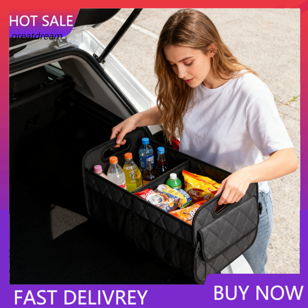 Neat and Organized Car Organizer Storage Box Foldable Trunk with 2 Compartments – Portable for Road Trips Camping
