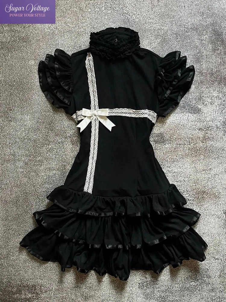 Y2K Japanese E-girl Gothic Vintage Half High Neck Short Sleeved Bow Lace Dress Cinched Waist Cool Girl Black Streetwear Dress