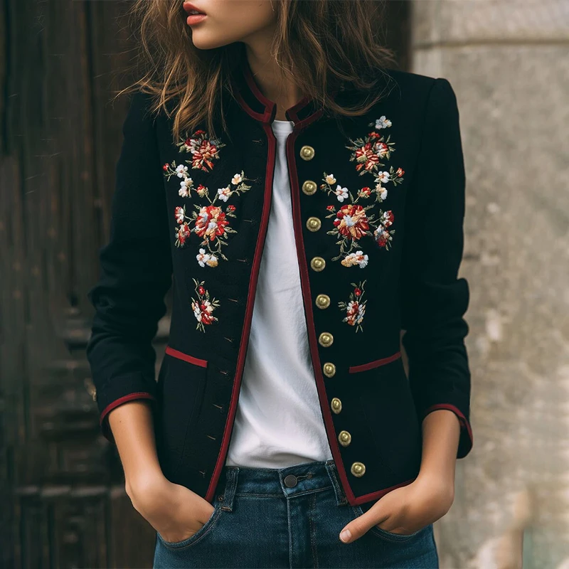Women Coat Jacket Print Flower Stand Collar Single Breasted Pocket Coat Fashion Casual Autumn Elegant Outerwear for Women Tops