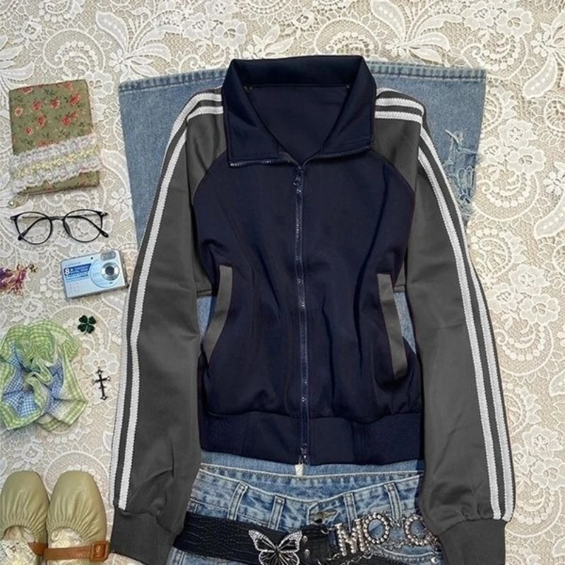 Deeptown Vintage Y2k Women Baseball Jackets Harajuku Striped Patchwork Zipper Coats Korean Style Sporty Casual Oversized Jackets