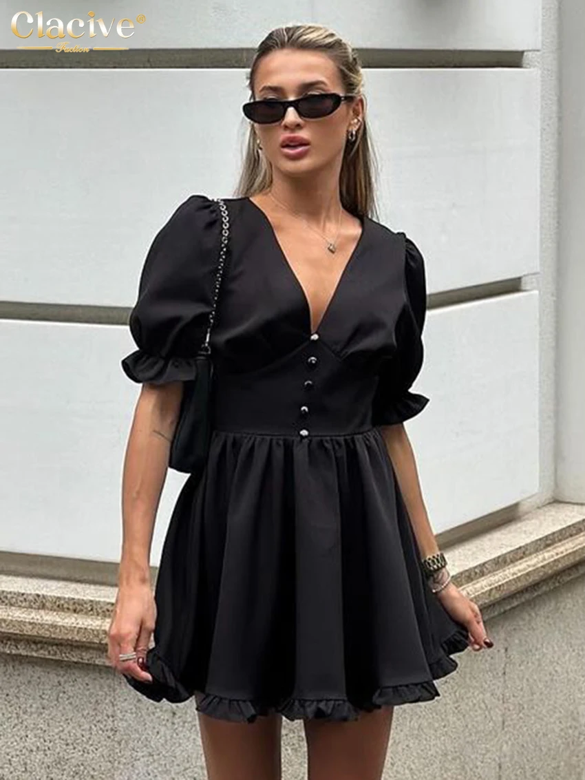 Clacive Summer Loose Black Women's Dress 2025 Sexy V-Neck Short Sleeve Mini Dresses Elegant Classic Pleated Solid Female Dress
