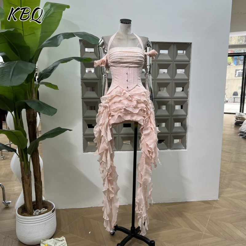KBQ Solid Spliced Tassel Irregular Mini Dresses For Women Halter Off The Shoulder Sleeve High Waist Temperament Dress Female New