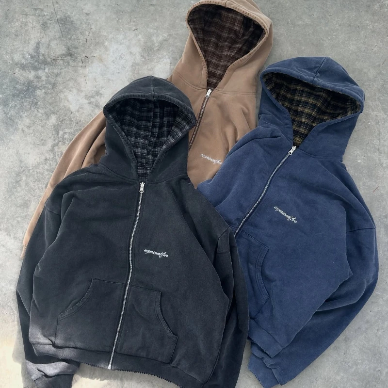American-style cross-border autumn and winter trendy casual checkered reversible washed cardigan hoodie sweater