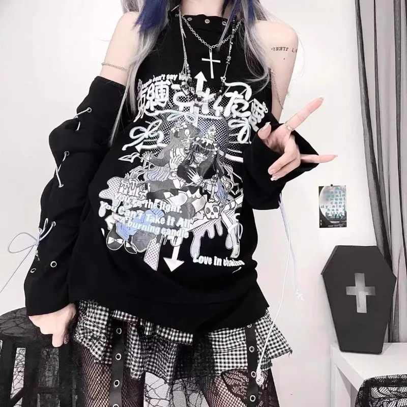 Women clothing Punk arcane Y2k Cross Hoodie Female Off-shoulder Gothic Harajuku Anime Long Shirts Fashion Japanese Bandage Shirt